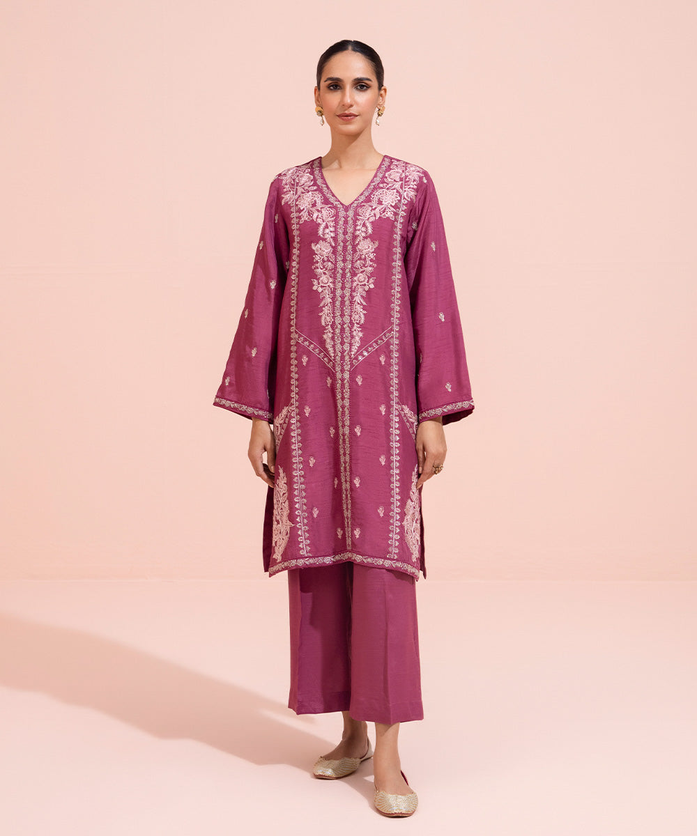Women's Eid Pret Raw Silk Embroidered Pink 2 Piece Suit