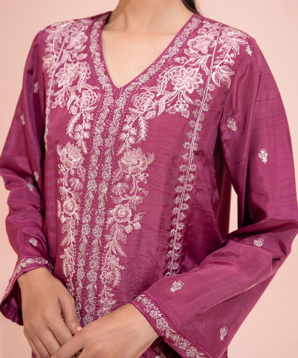 Women's Eid Pret Raw Silk Embroidered Pink 2 Piece Suit