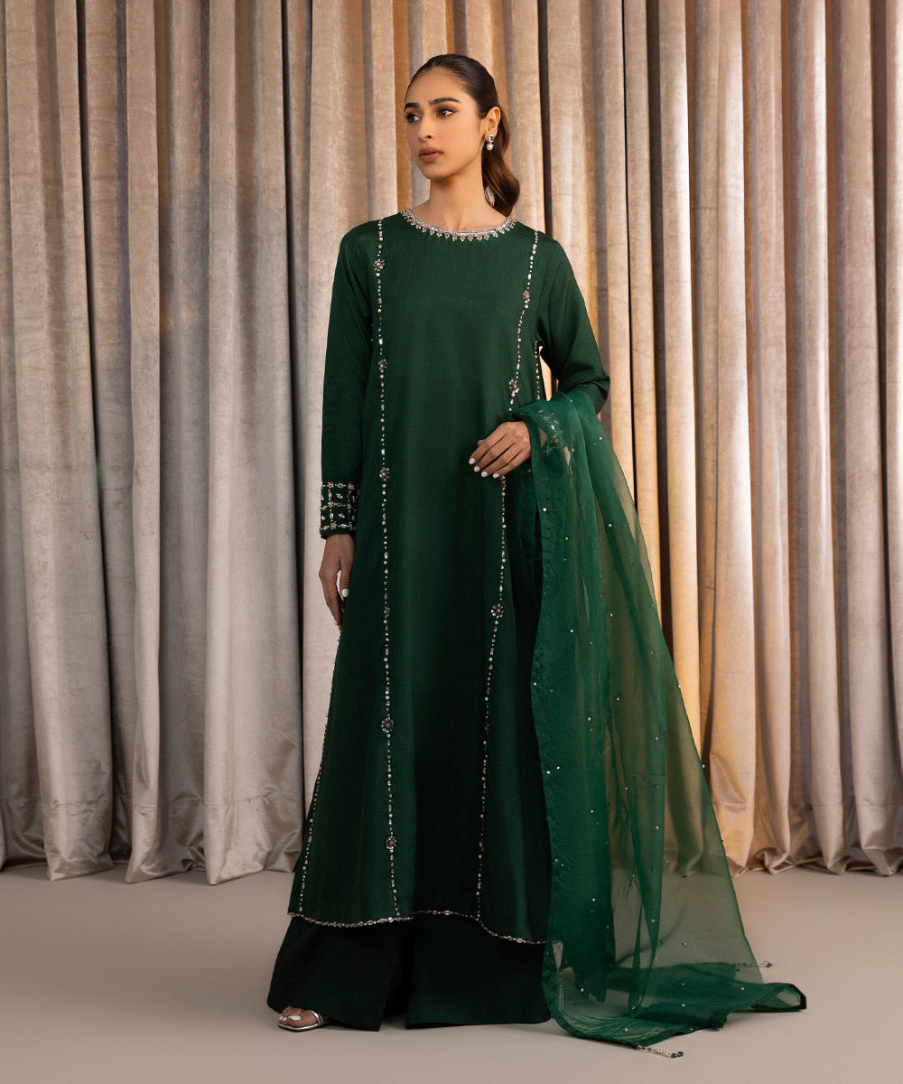 Women's Pret Embellished Raw Silk Green 3 Piece Suit
