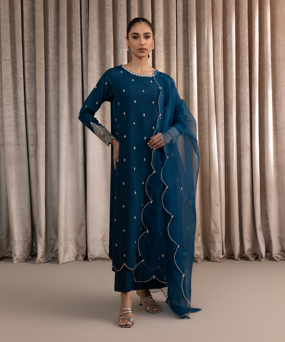 Women's Pret Embellished Raw Silk Blue 3 Piece Suit