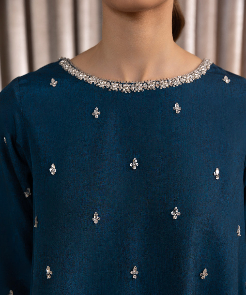 Women's Pret Embellished Raw Silk Blue 3 Piece Suit