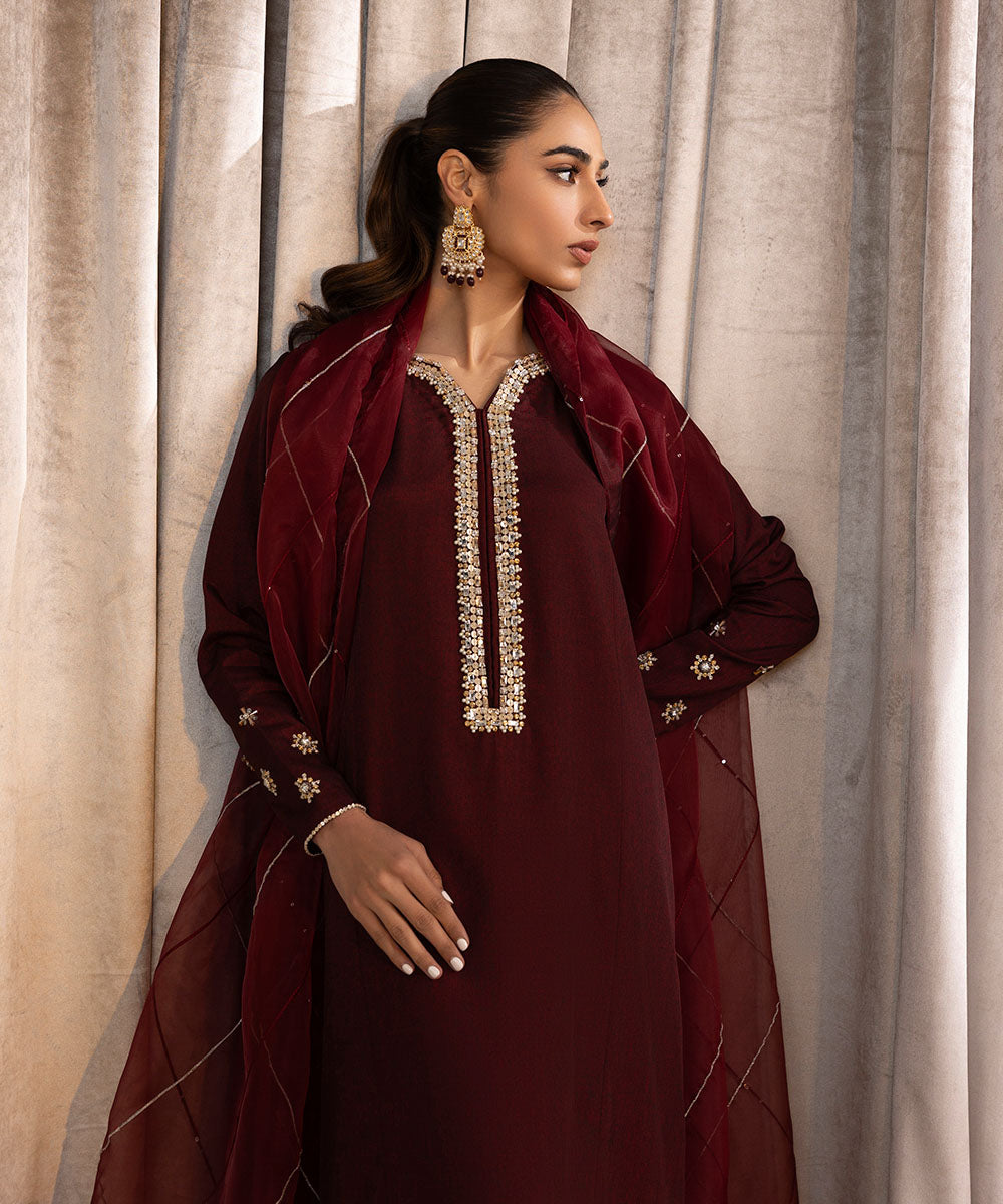 Women's Pret Embellished Raw Silk Red 3 Piece Suit
