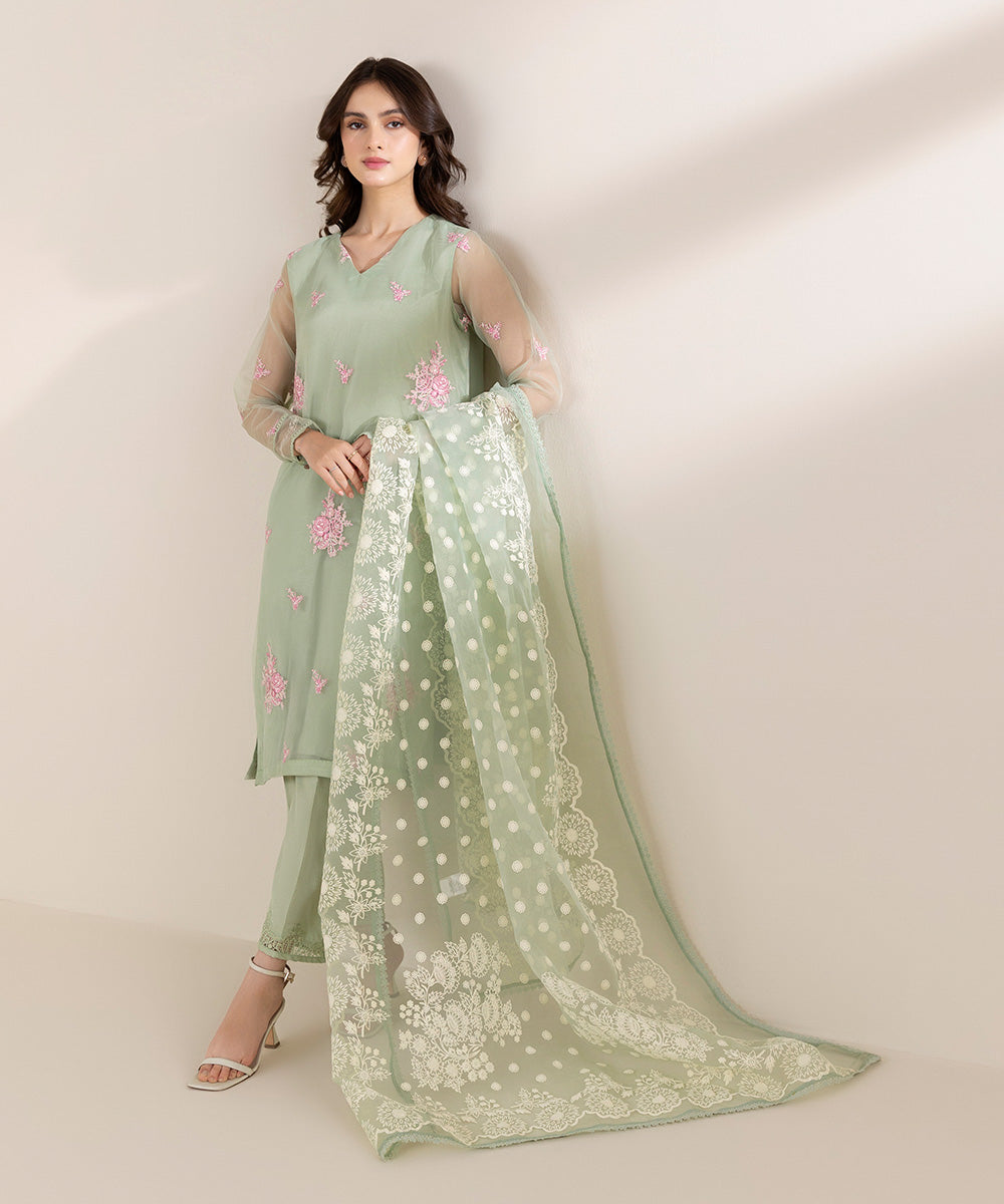 Women's Pret Blended Organza Dyed Green 3 Piece Suit