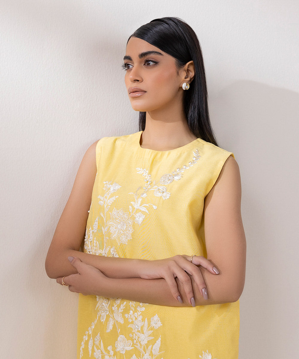 Women's Pret Silk Cotton Net Embroidered Yellow 2 Piece Suit