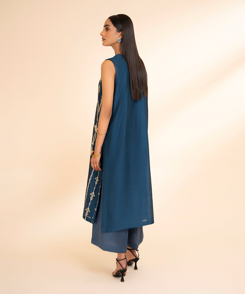 Women's Pret Silk Cotton Net Solid Blue 2 Piece Suit