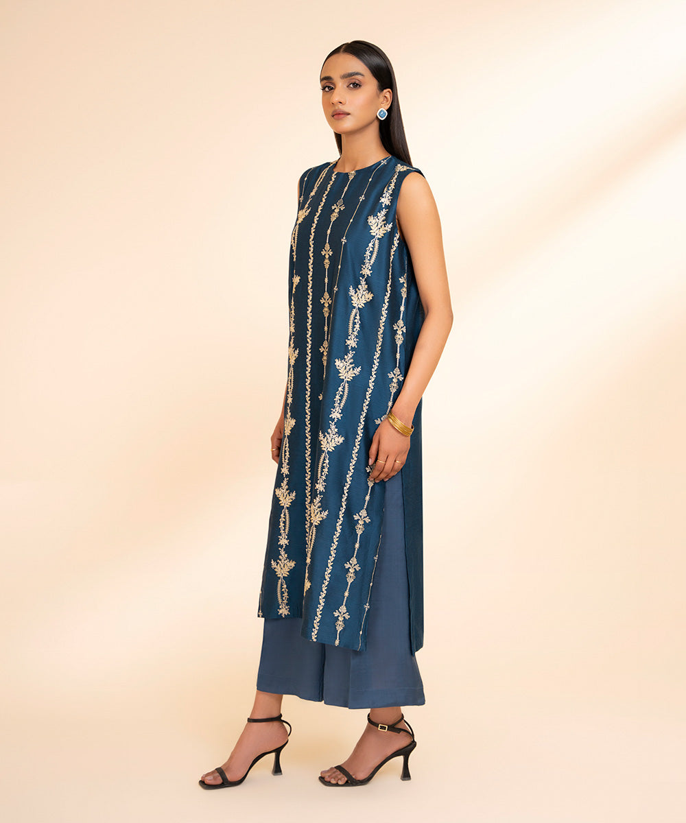 Women's Pret Silk Cotton Net Solid Blue 2 Piece Suit