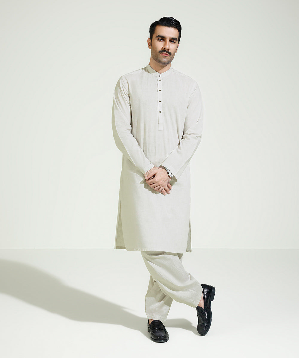 Men's Eid Stitched Melange Solid Off White Straight Hem Suit
