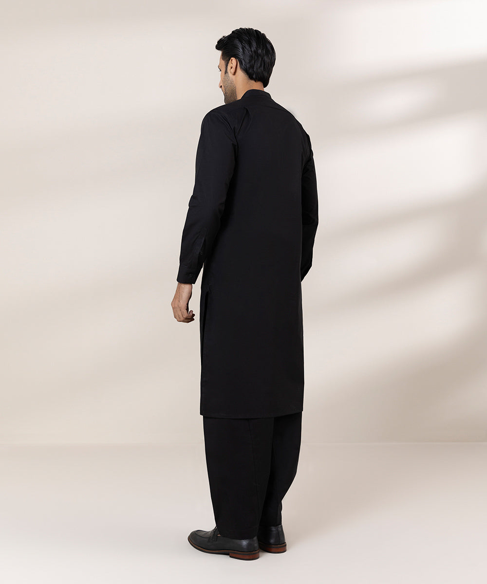 Men's Stitched Fine Cotton Plain Black Straight Hem Kurta Shalwar