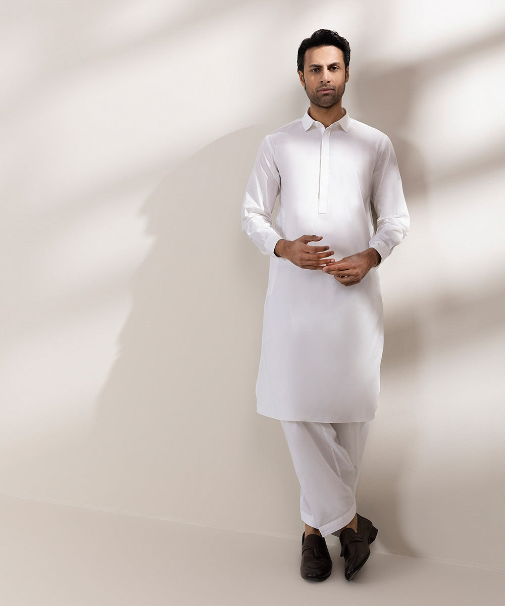 Men's Stitched Cotton Latha Plain White Round Hem Kurta Shalwar