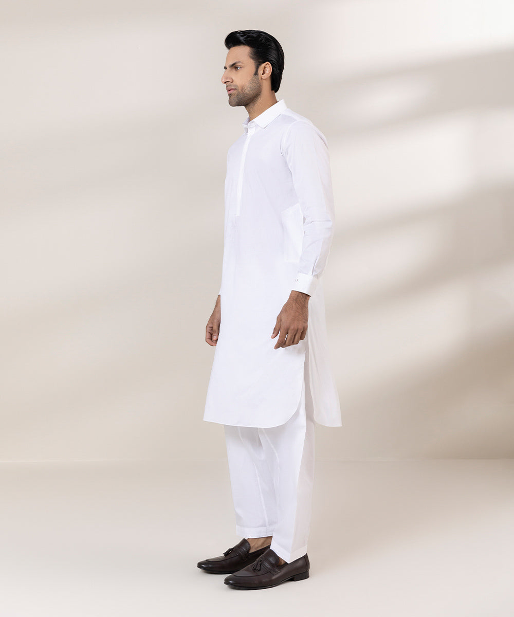 Men's Stitched Cotton Latha Plain White Round Hem Kurta Shalwar