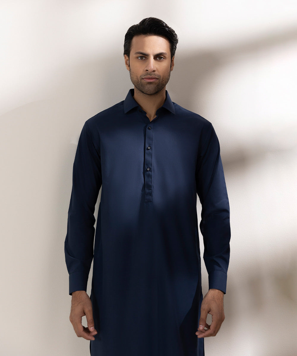 Men's Stitched Wash & Wear Plain Blue Straight Hem Kurta Shalwar