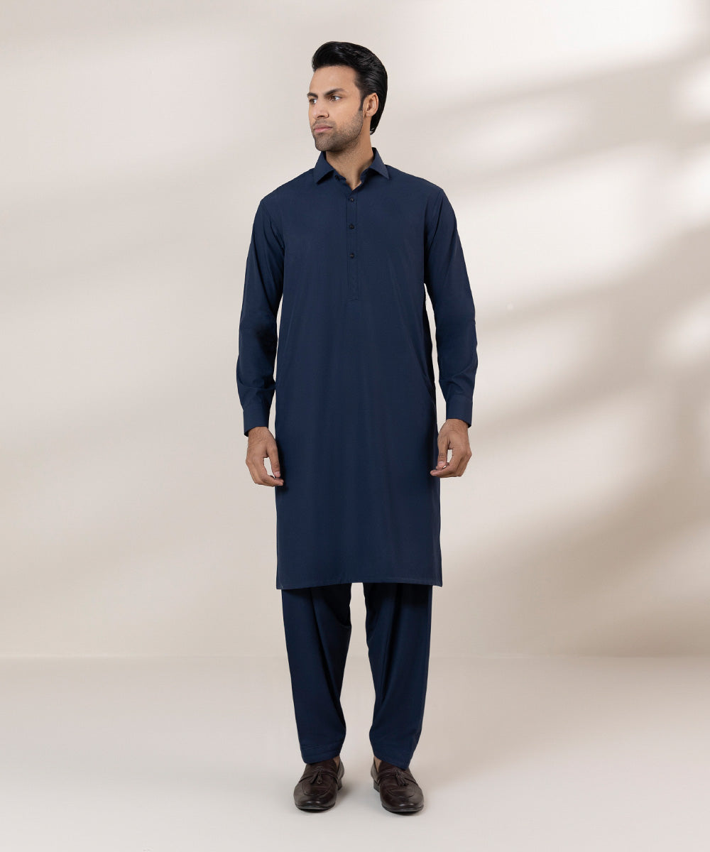 Men's Stitched Wash & Wear Plain Blue Straight Hem Kurta Shalwar