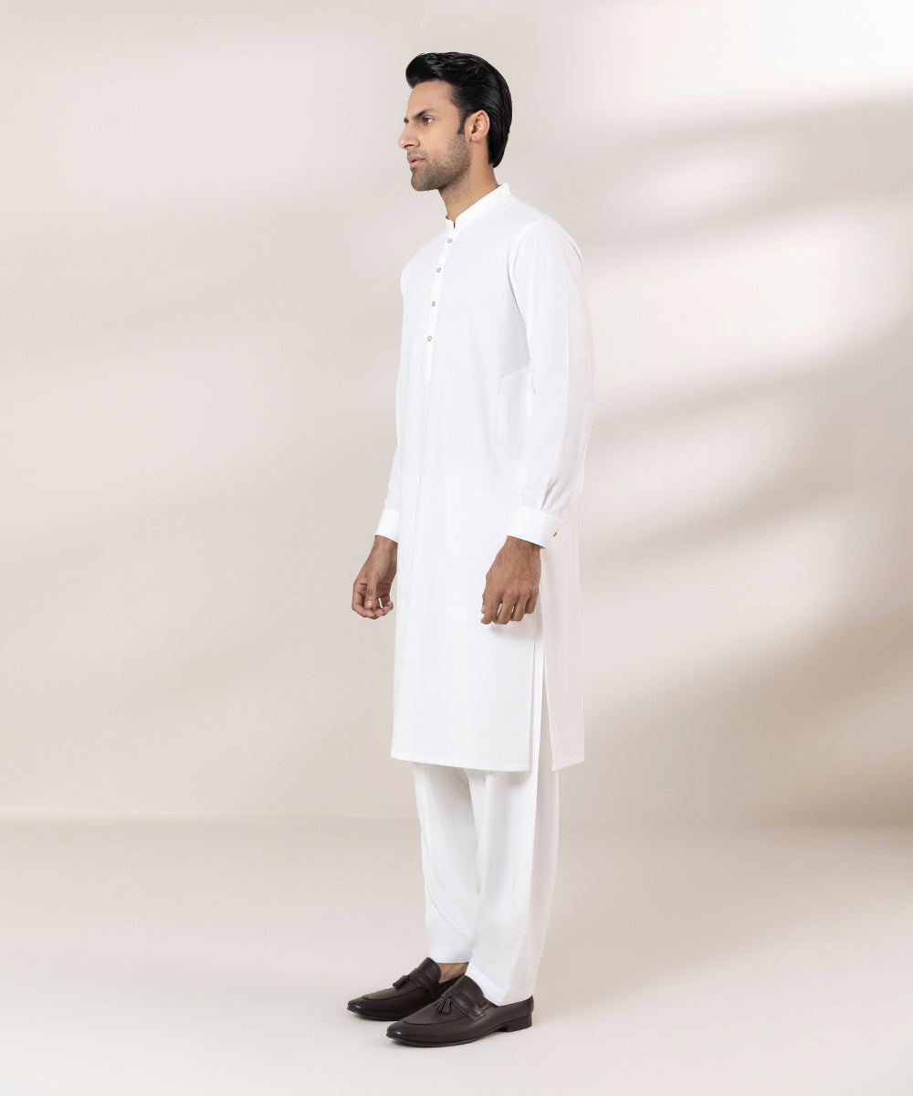 Men's Stitched Wash & Wear Plain White Straight Hem Kurta Shalwar