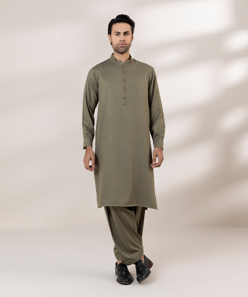 Men's Stitched Blended Jacquard Plain Brown Straight Hem Kurta Shalwar