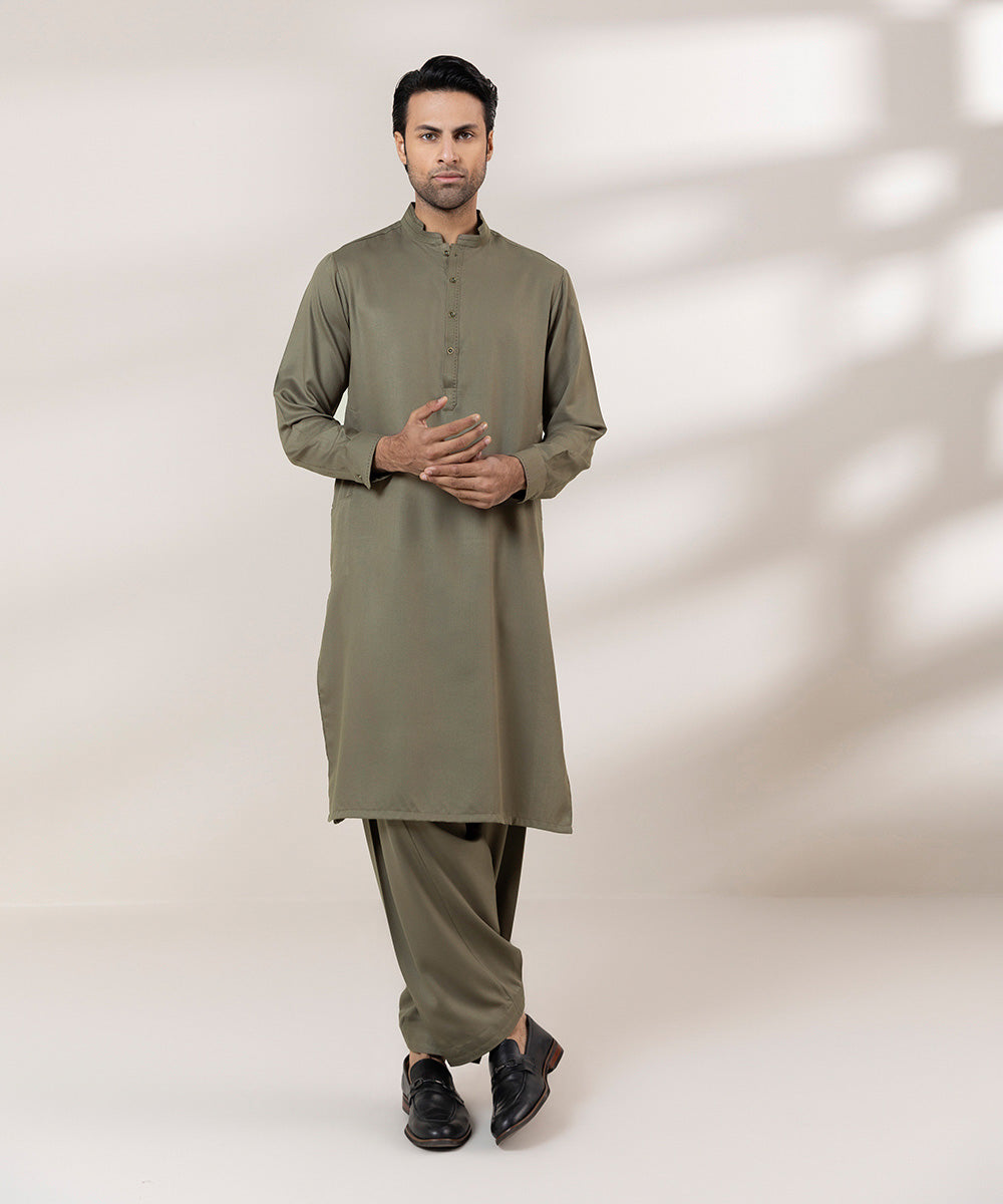 Men's Stitched Blended Jacquard Plain Brown Straight Hem Kurta Shalwar
