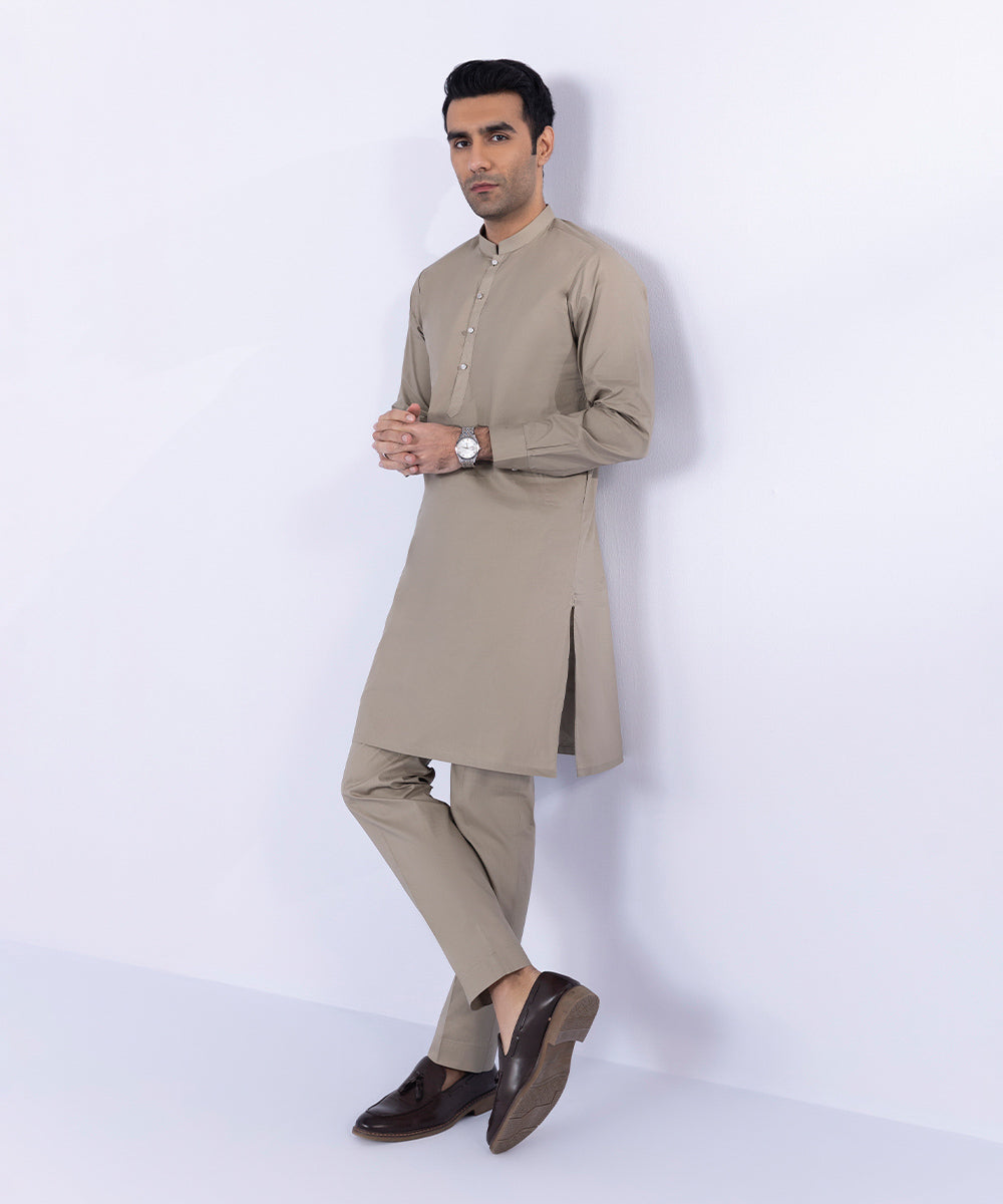 Men's Stitched Beige Fine Cotton Latha Suit