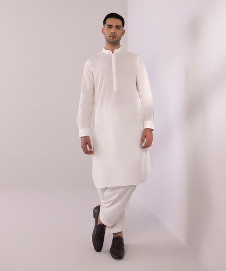 Men's Stitched Wash & Wear White Round Hem Kurta Shalwar