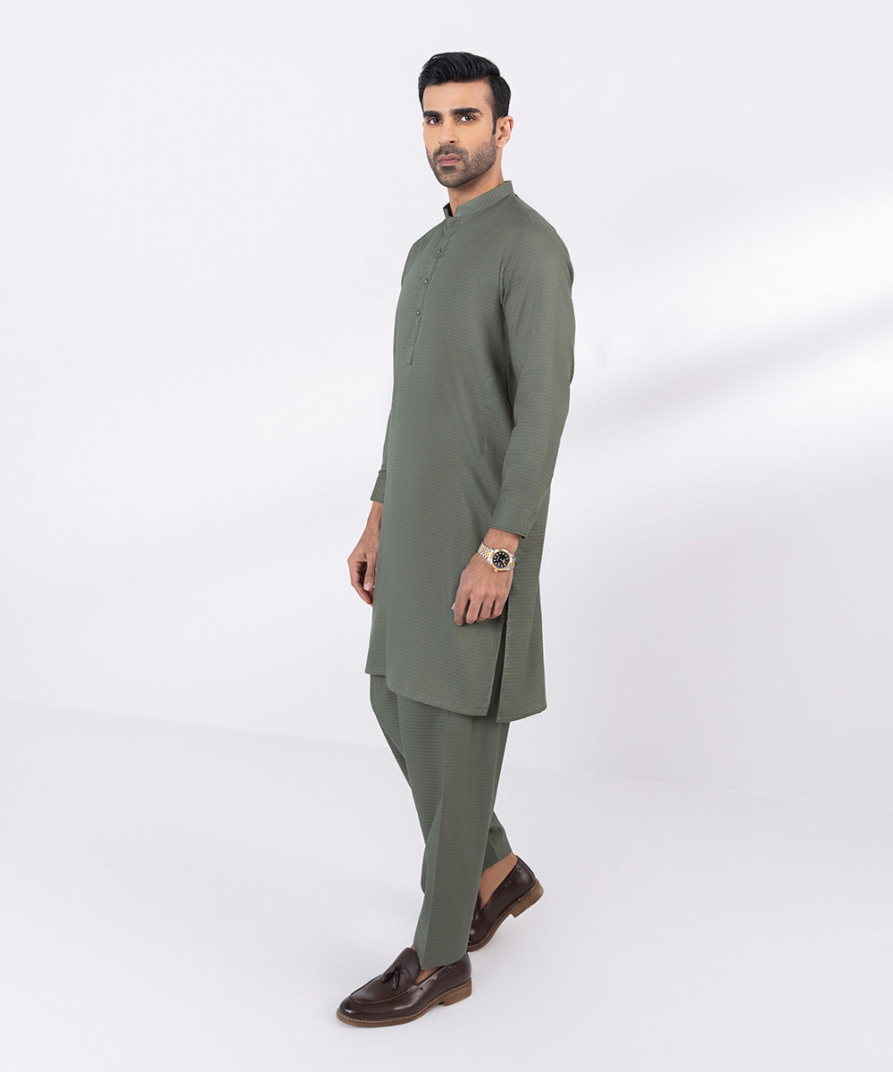 Men's Stitched Cotton Dobby Olive Straight Hem Kurta Shalwar