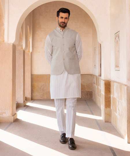 Men's Stitched Cotton Dobby White Straight Hem Kurta Trousers