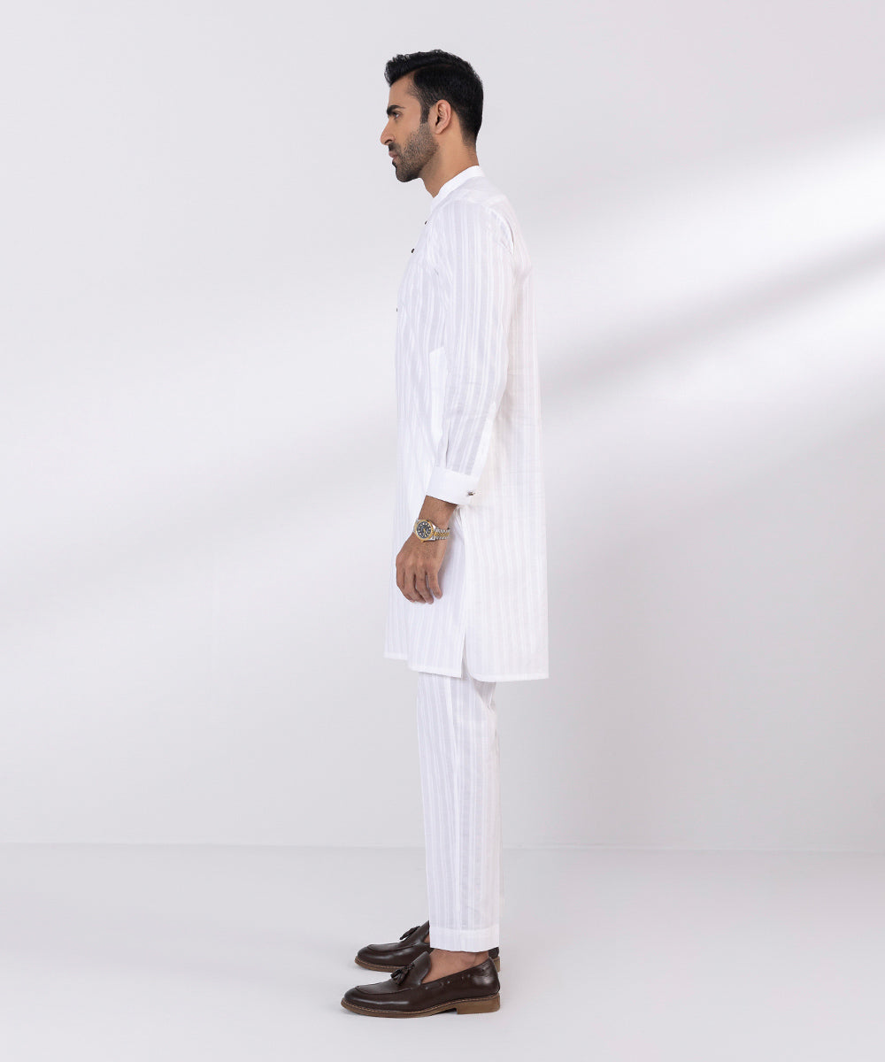 Men's Stitched Cotton Dobby White Straight Hem Kurta Trousers