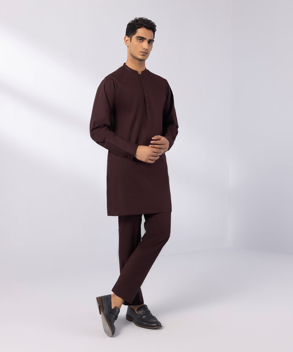 Men's Stitched Summer Cotton Maroon Straight Hem Kurta Trousers