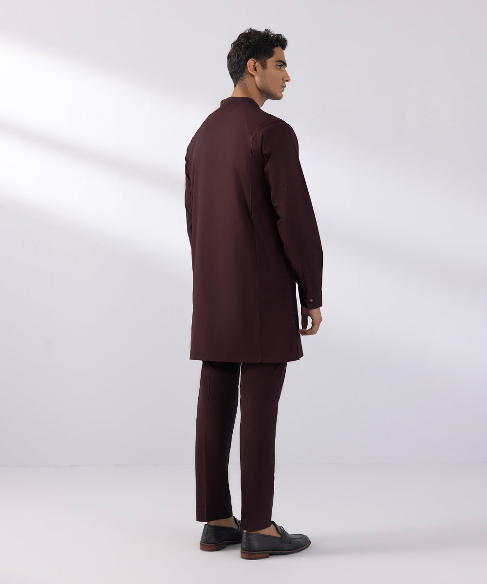 Men's Stitched Summer Cotton Maroon Straight Hem Kurta Trousers