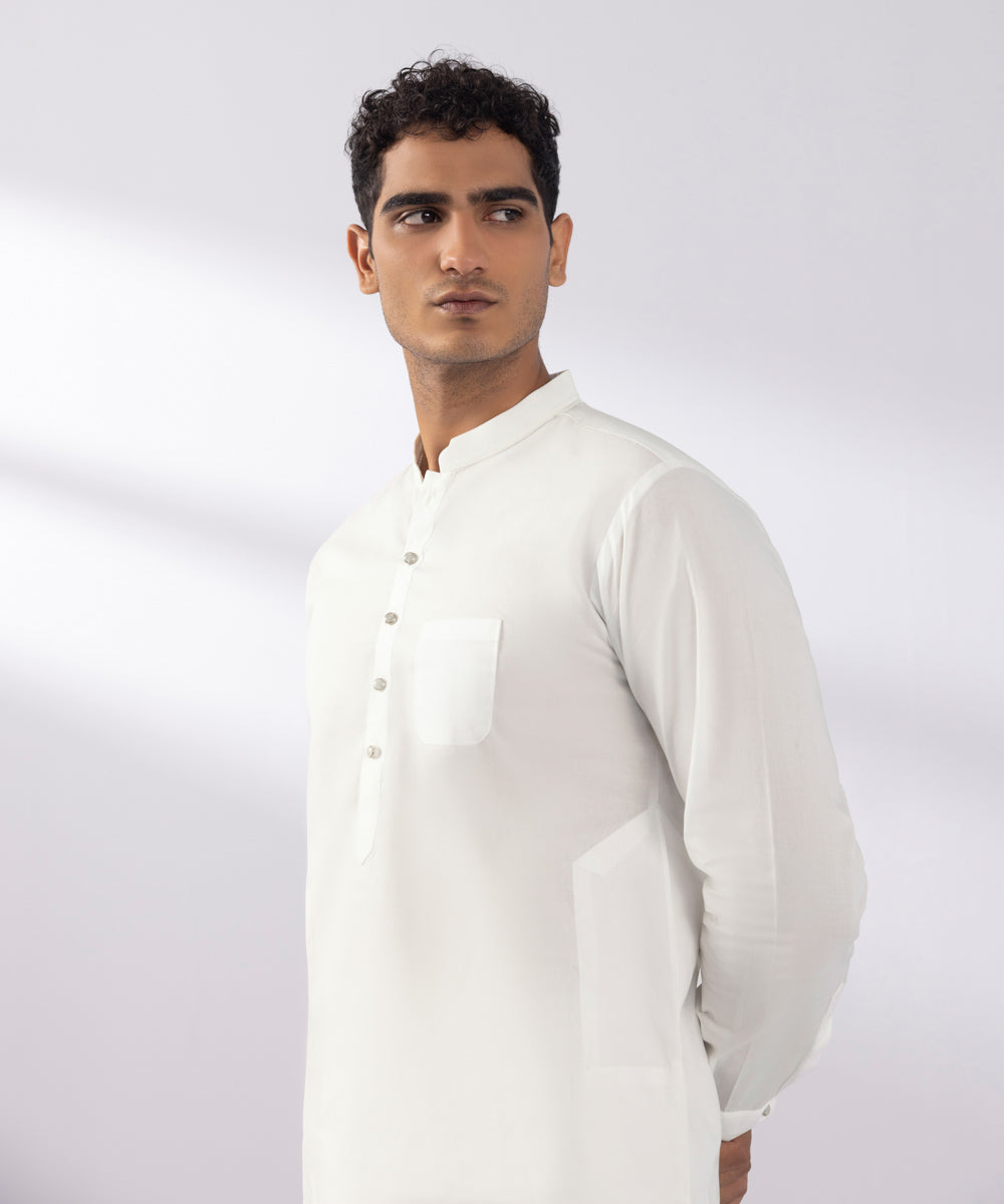 Men's Stitched Summer Cotton White Round Hem Kurta Trousers