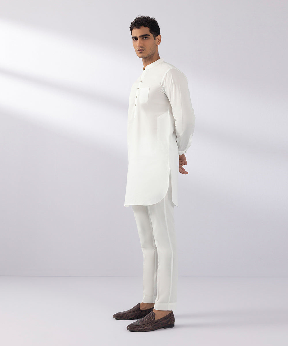 Men's Stitched Summer Cotton White Round Hem Kurta Trousers