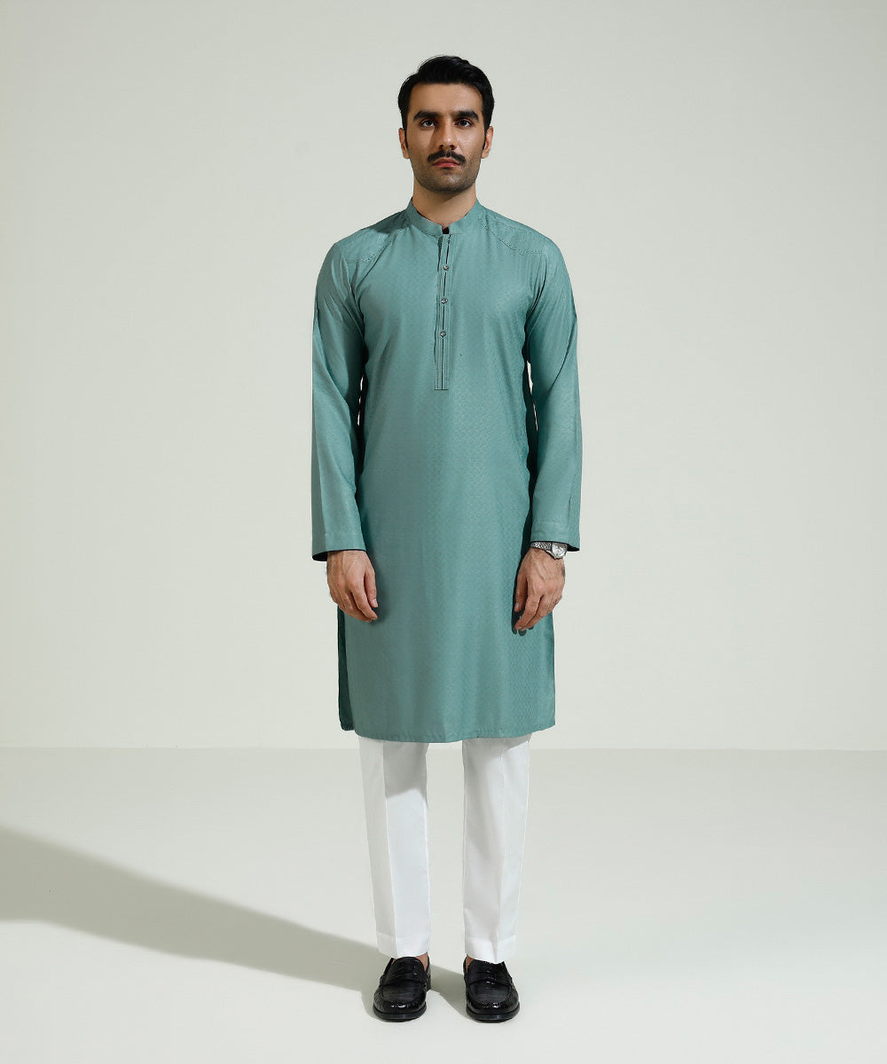 Men's Eid Stitched Wash & Wear Jacquard Embroidered Sage Green Straight Hem Kurta