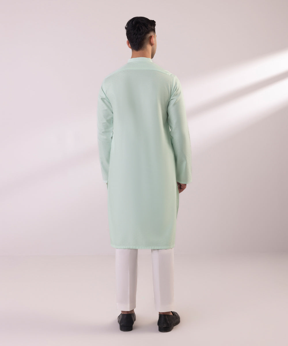 Men's Stitched Cotton Jacquard Aqua Straight Hem Kurta