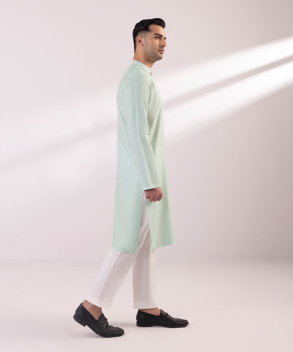 Men's Stitched Cotton Jacquard Aqua Straight Hem Kurta