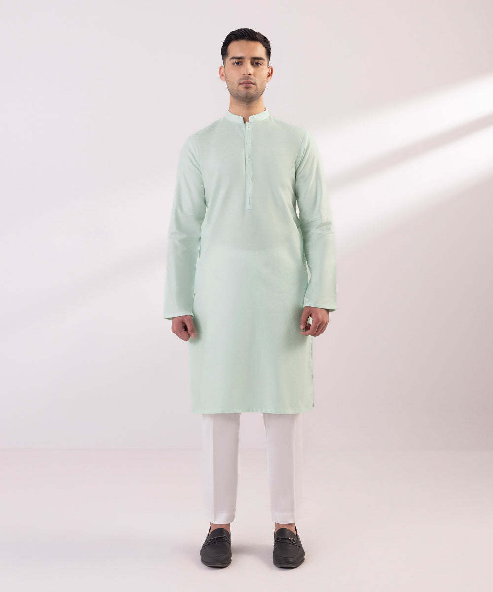 Men's Stitched Cotton Jacquard Aqua Straight Hem Kurta