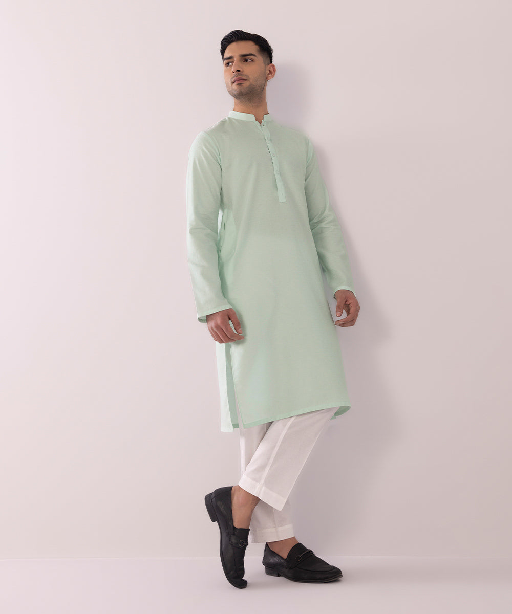 Men's Stitched Cotton Jacquard Aqua Straight Hem Kurta