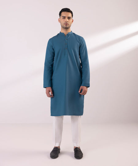 Men's Stitched Cotton Dobby Marine Blue Straight Hem Kurta