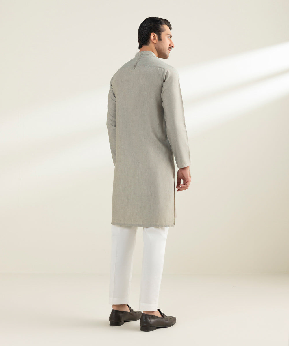 Men's Stitched Fancy Wash & Wear Khaki Straight Hem Kurta