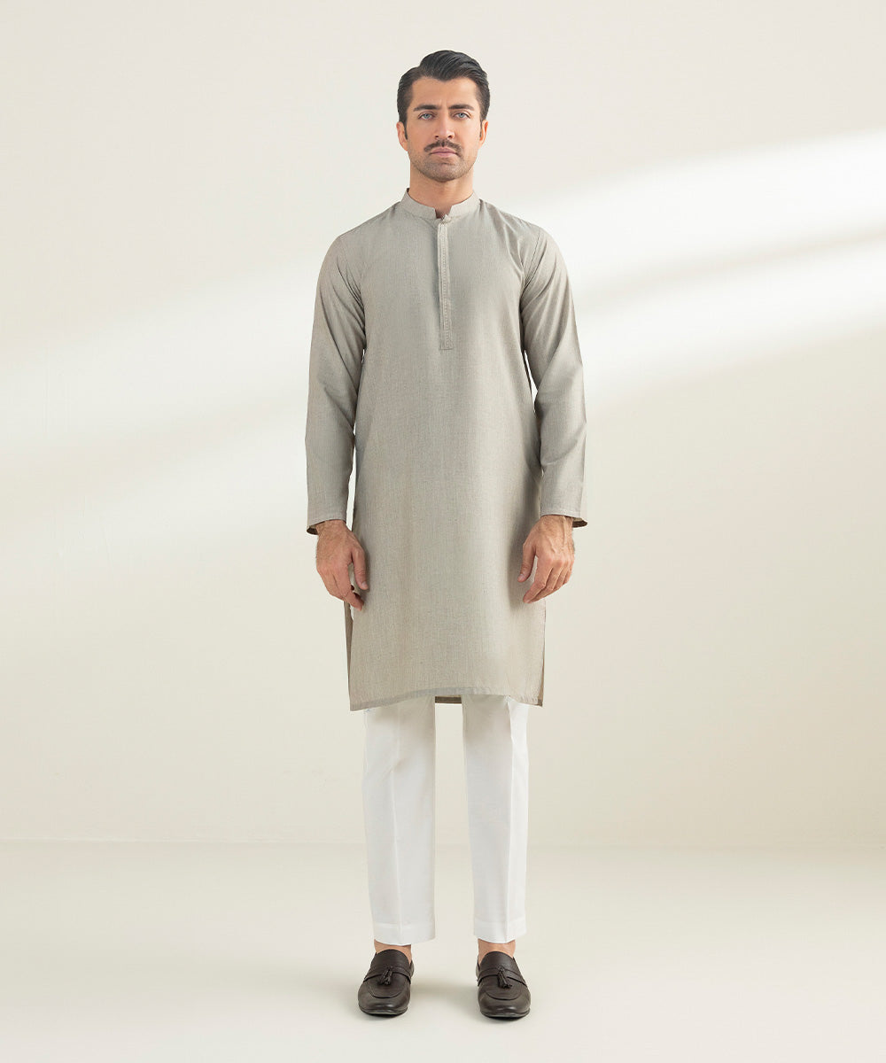 Men's Stitched Fancy Wash & Wear Khaki Straight Hem Kurta