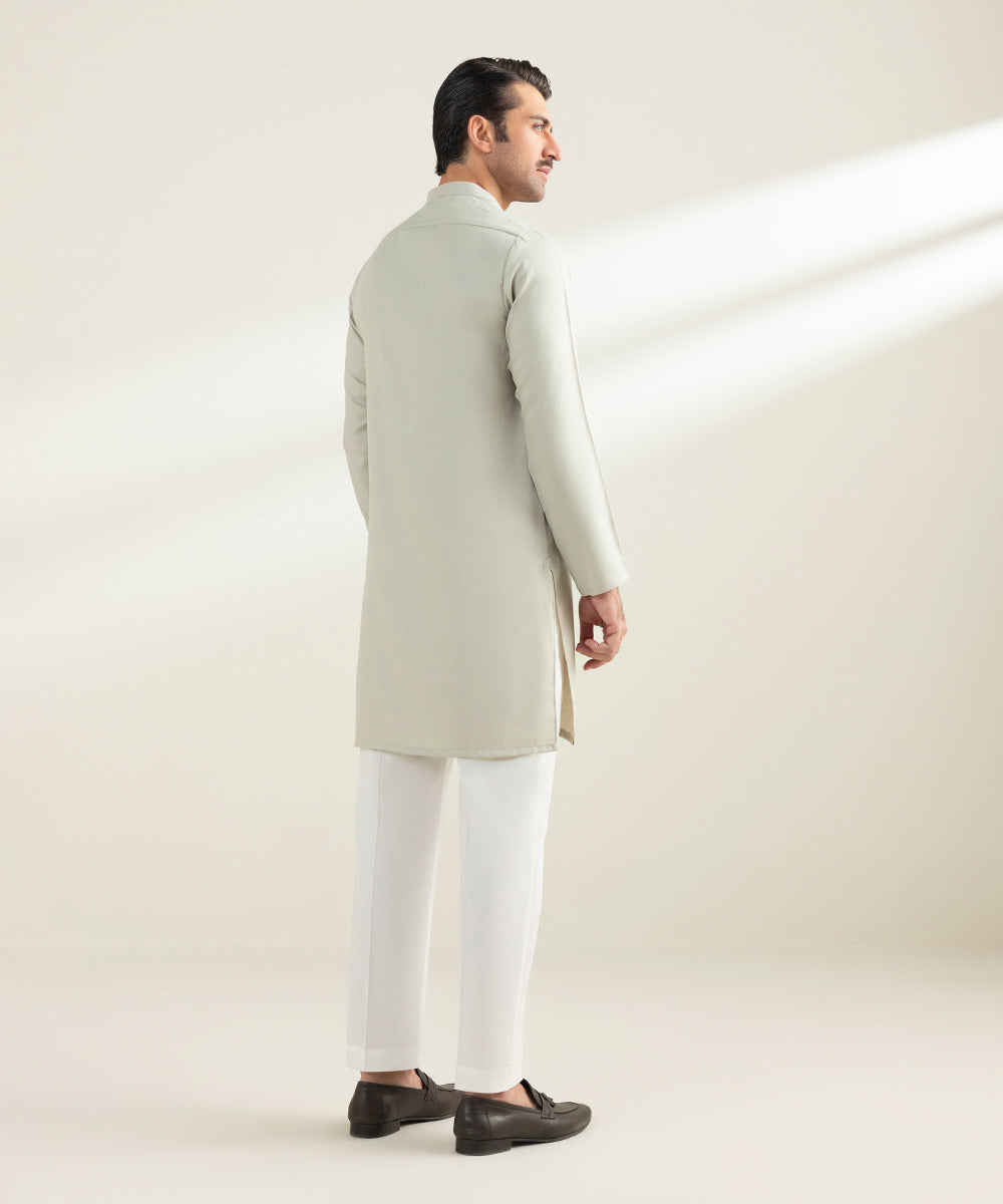 Men's Stitched Jacquard Wash & Wear Khaki Straight Hem Kurta