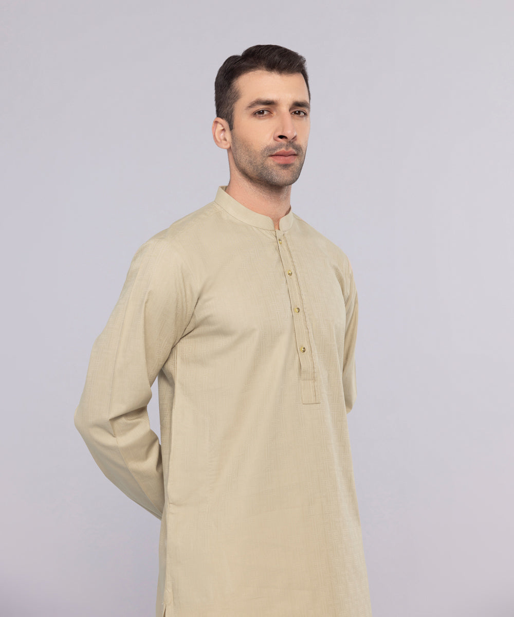 Men's Stitched Cotton Jacquard Beige Straight Hem Kurta