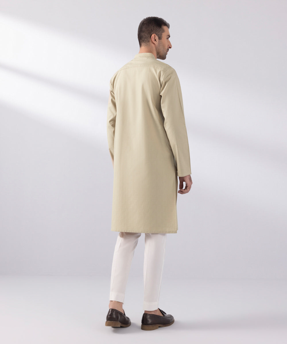 Men's Stitched Cotton Jacquard Beige Straight Hem Kurta