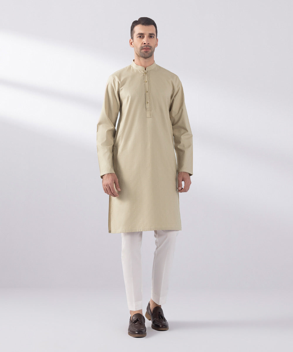 Men's Stitched Cotton Jacquard Beige Straight Hem Kurta