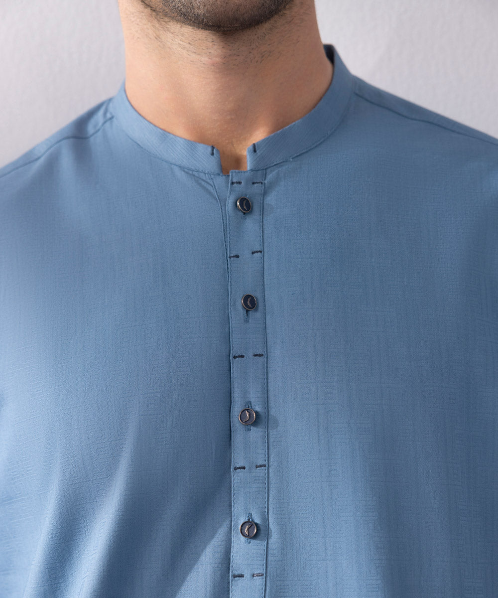 Men's Stitched Cotton Jacquard Blue Straight Hem Kurta