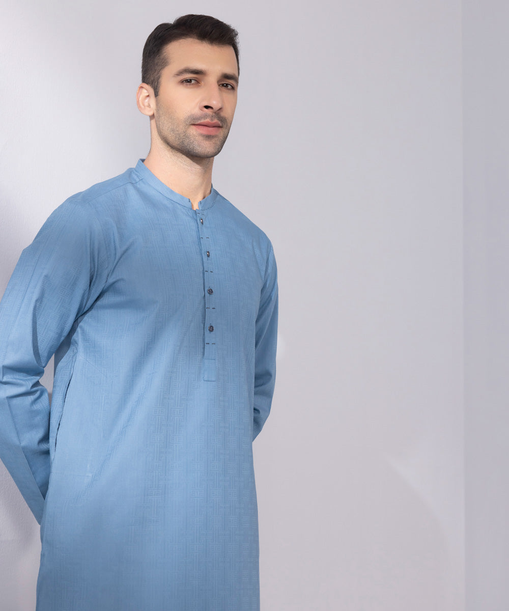 Men's Stitched Cotton Jacquard Blue Straight Hem Kurta