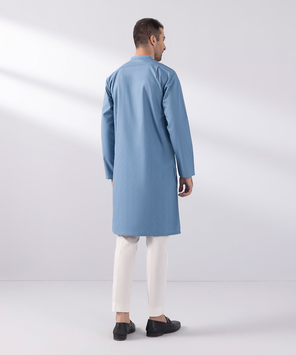 Men's Stitched Cotton Jacquard Blue Straight Hem Kurta