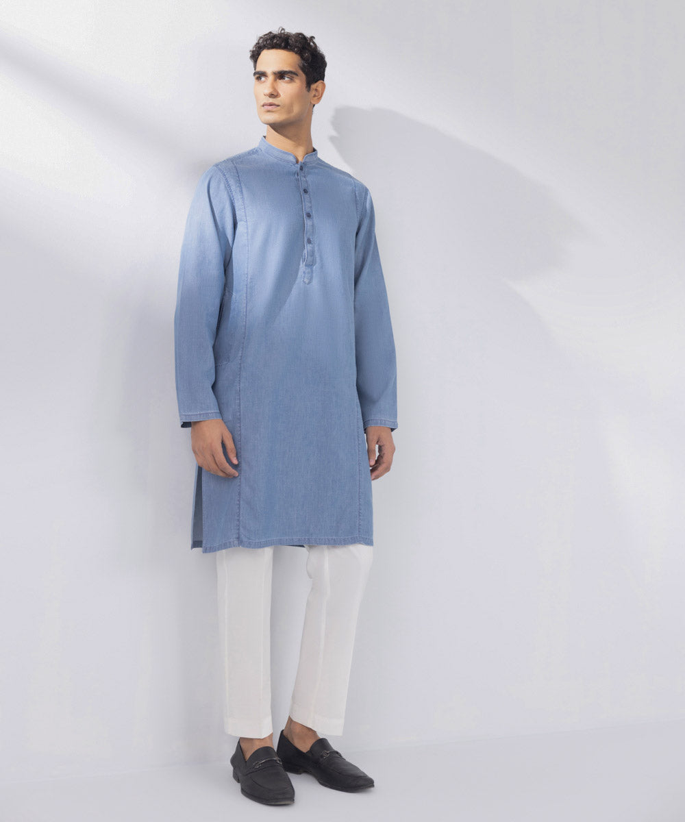 Men's Stitched Denim Blue Kurta