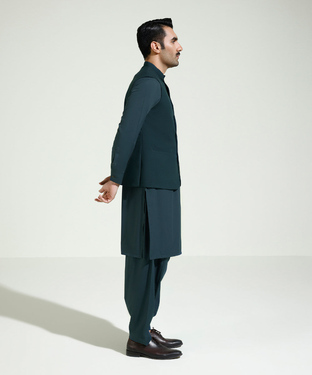 Men's Eid Stitched Solid Teal Green Round Hem Waistcoat
