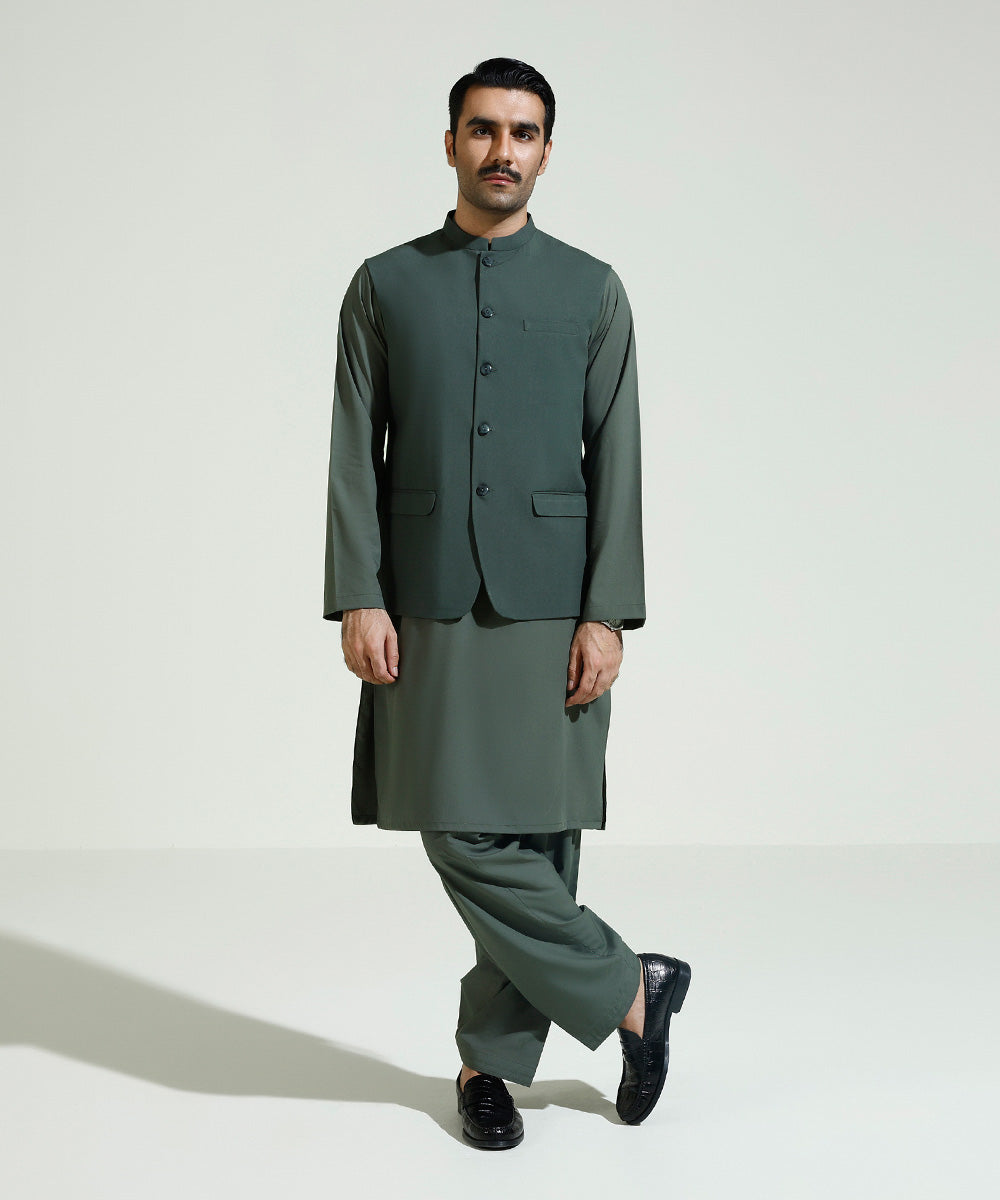Men's Eid Stitched Solid Grey Round Hem Waistcoat