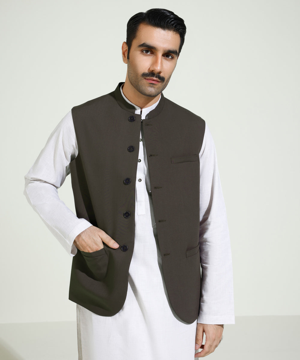 Men's Eid Stitched Solid Dark Brown Round Hem Waistcoat