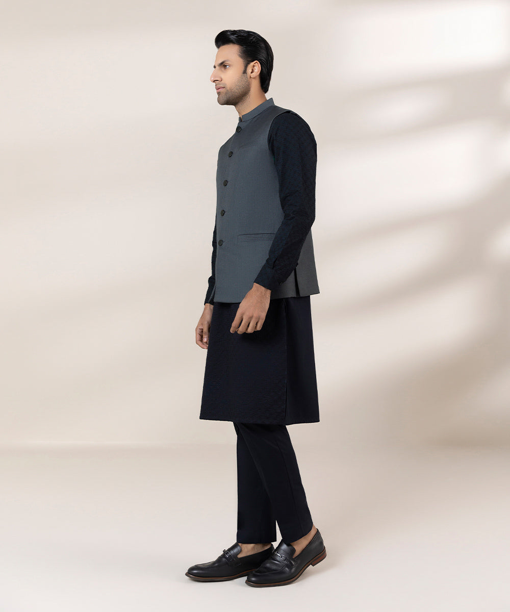 Men's Stitched Tropical Fabric Grey Straight Hem Waistcoat