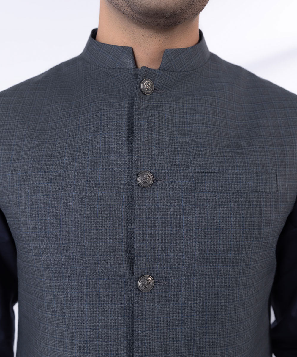 Men's Stitched Bluish Grey Check Tropical Fabric Waistcoat