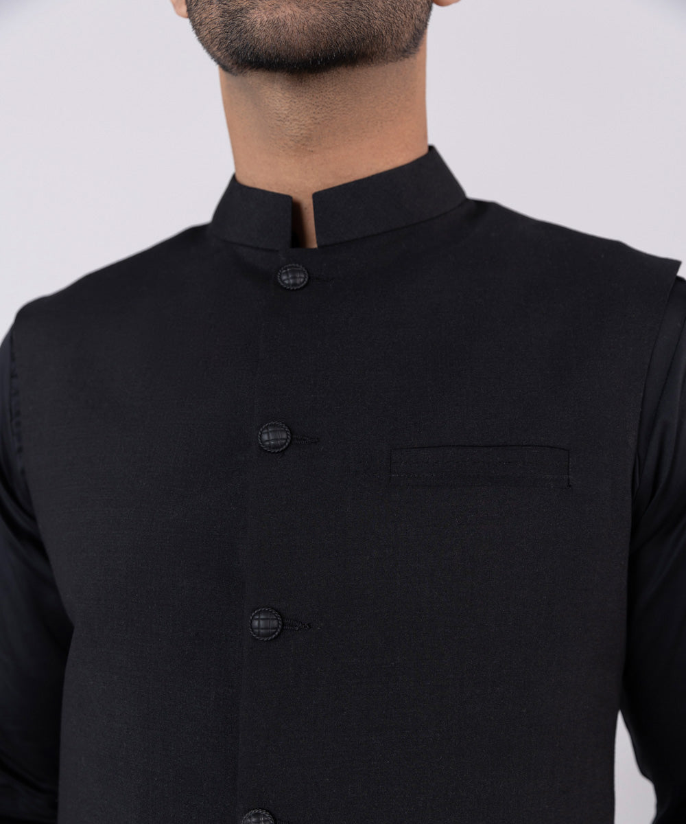 Men's Stitched Tropical Black Straight Hem Waistcoat